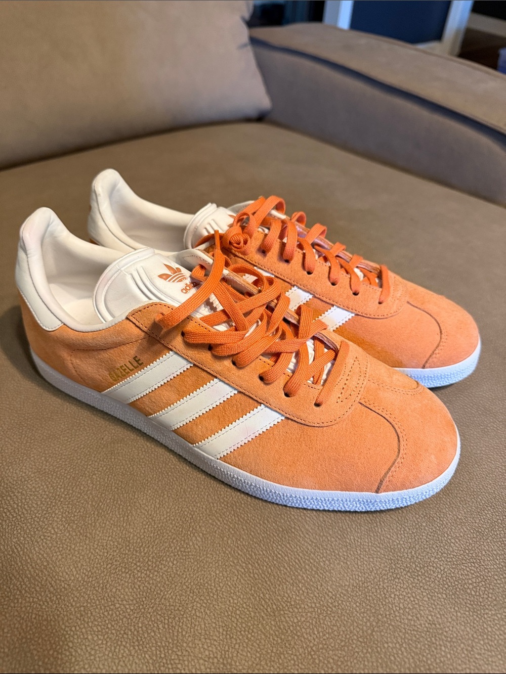adidas men’s Peachy Orange Suede Gazelle Sneakers with White 3-Stripes